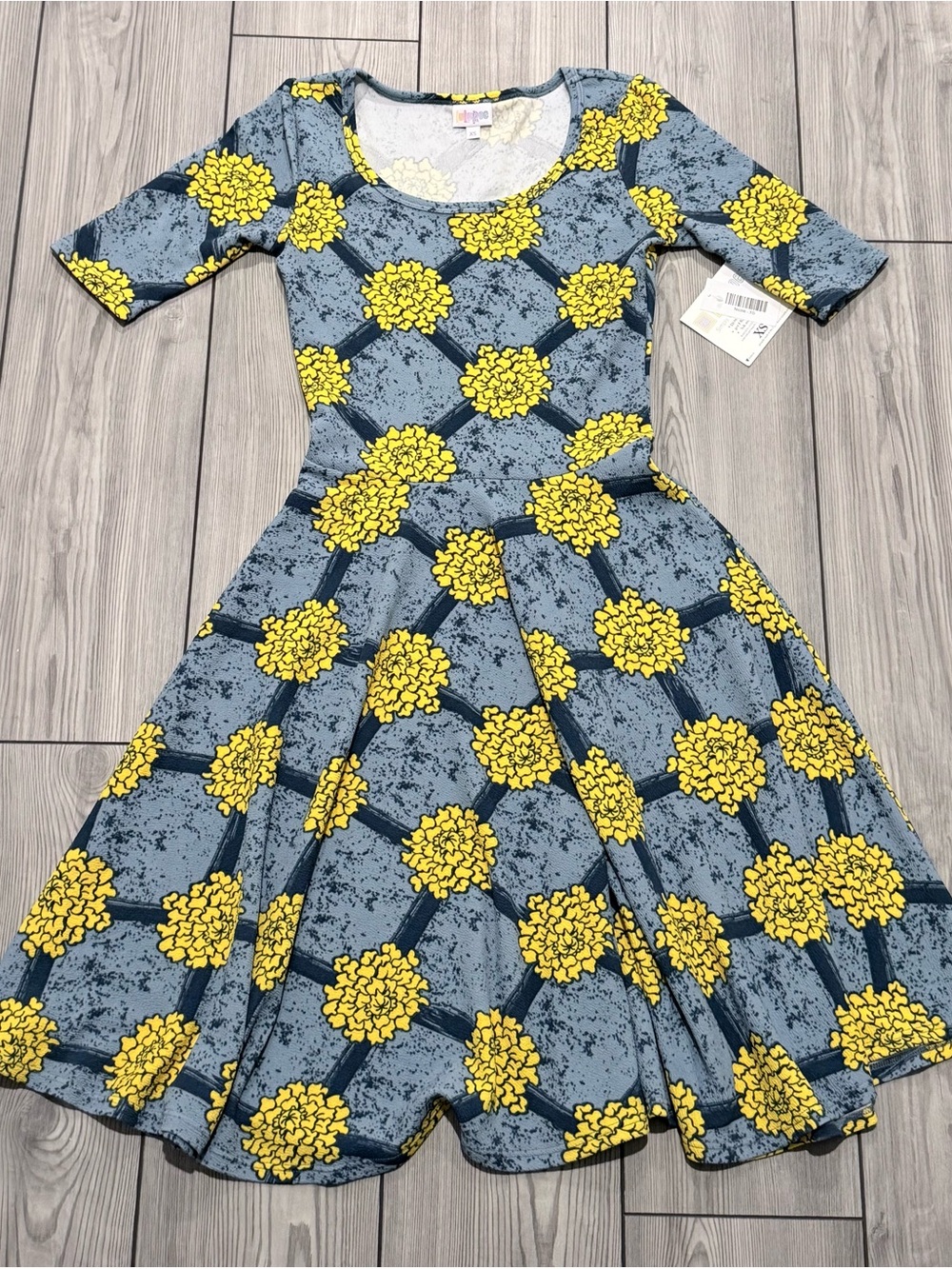 LuLaRoe Blue Midi Dress with Yellow Floral Pattern